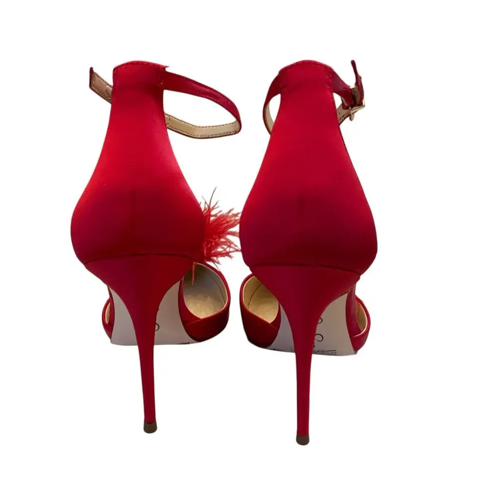 Jessica Simpson Wolistie Ankle Strap Dress Pumps Red Feather Pom Pom Size 6 NEW